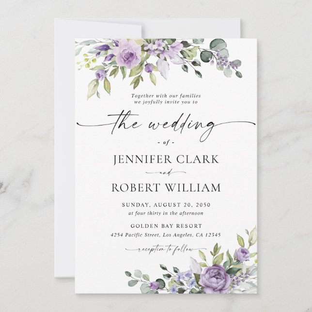 Elegant Purple Floral Wedding Invitation Inbjudningar (Framsida)