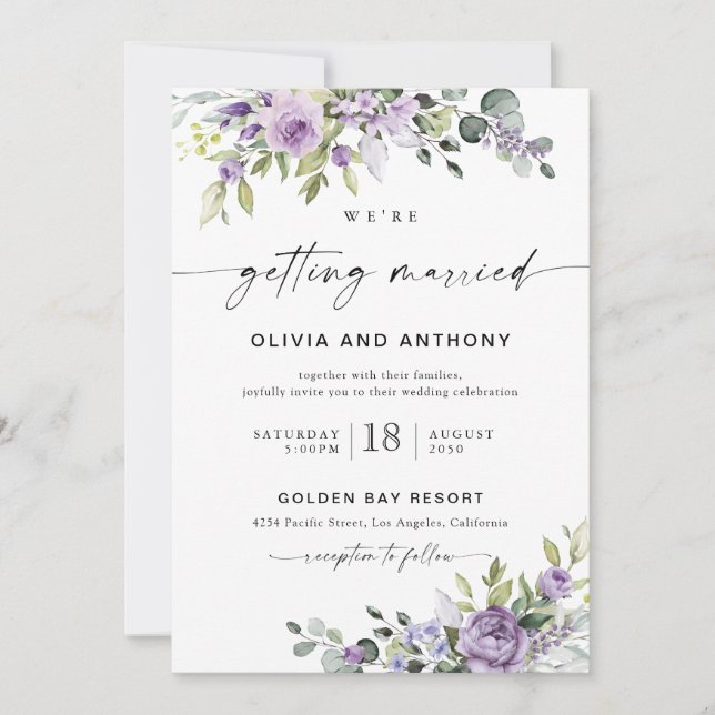 Elegant Purple Floral Wedding Invitation Inbjudningar (Framsida)