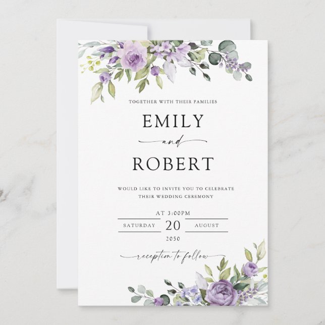 Elegant Purple Floral Wedding Invitation Inbjudningar (Framsida)