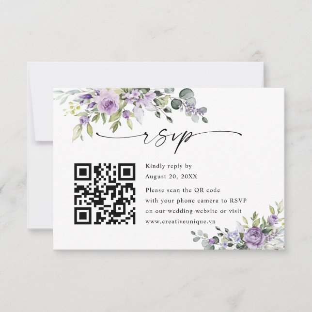 Elegant Purple Floral Wedding Website QR Code OSA Kort (Framsida)