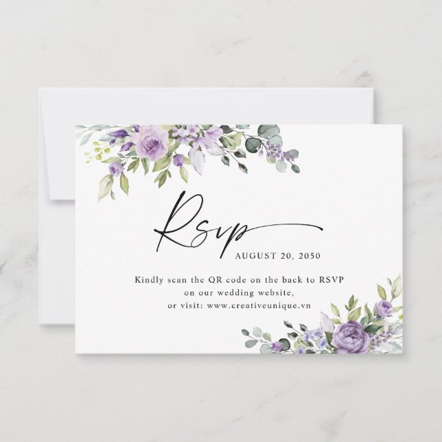 Elegant Purple Floral Wedding Website QR Code  OSA Kort (Framsida)