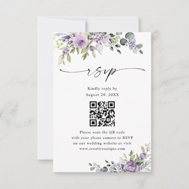 Elegant Purple Floral Wedding Website QR Code OSA Kort (Framsida)