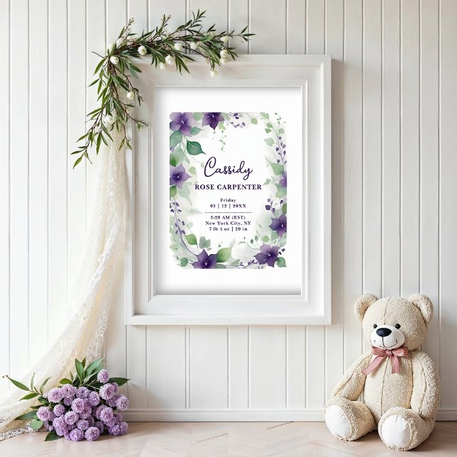 Elegant Purple Garland Floral Baby Newborn Birth Poster (Elegant Purple Garland Flowers on a White Background – Baby Newborn Birth Posters.)