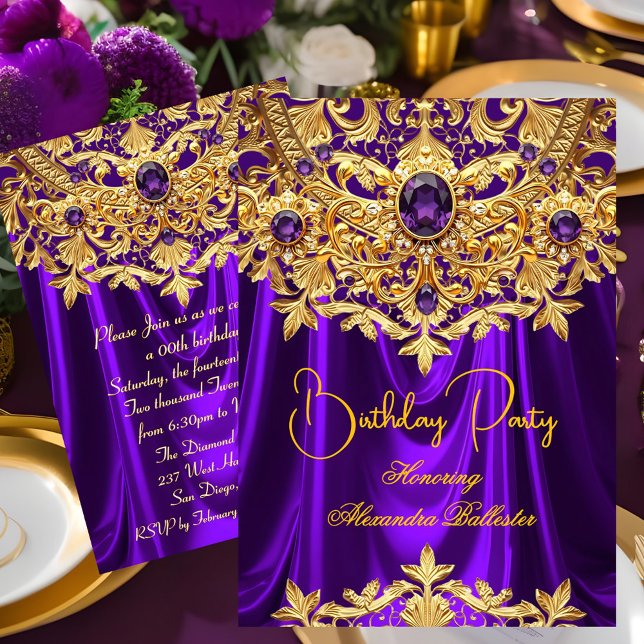 Elegant Purple gems Gold Lace Damask Birthday Inbjudningar (Skapare uppladdad)