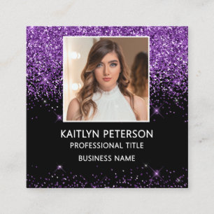 Elegant Purple Glitter Foto QR-kod Svart Fyrkantigt Visitkort
