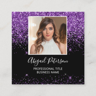 Elegant Purple Glitter Foto QR-kod Svart Fyrkantigt Visitkort