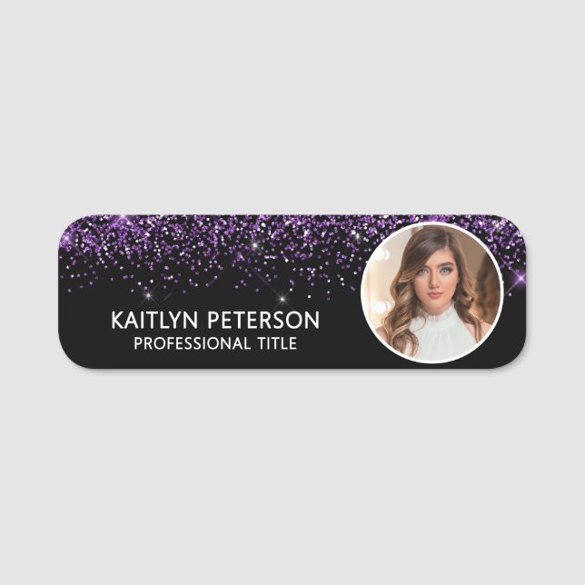 Elegant Purple Glitter Magnetic Employee Photo ID Namnbricka (Framsida)