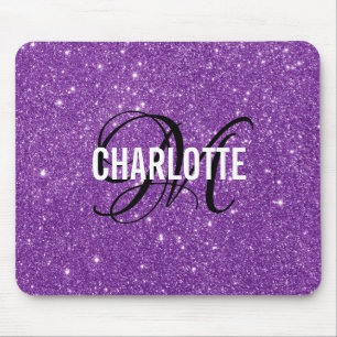Elegant purple glitter monogram name mouse pad musmatta