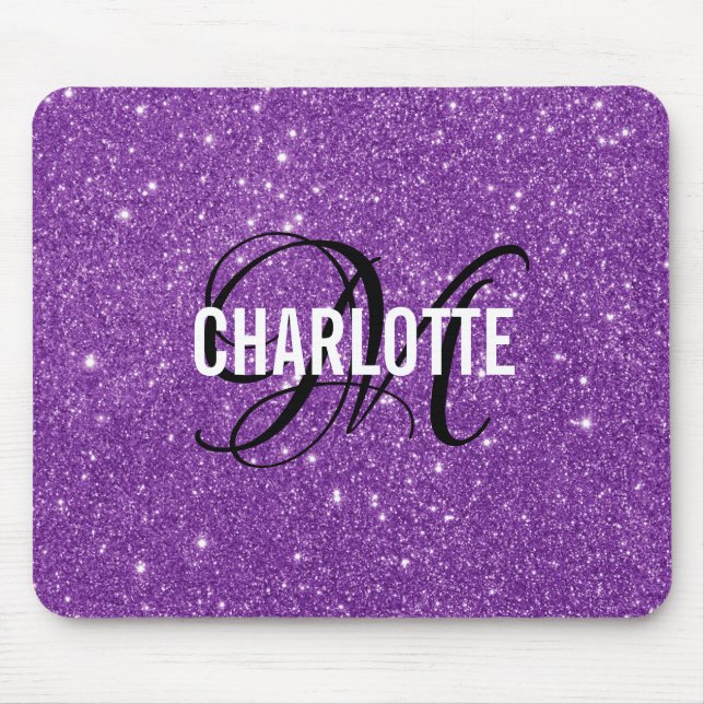 Elegant purple glitter monogram name mouse pad musmatta (Framsidan)