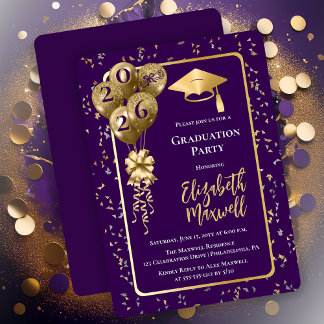 Elegant Purple Gold Balloons Graduation Party Inbjudningar