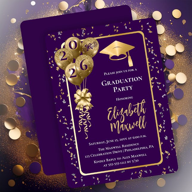Elegant Purple Gold Balloons Graduation Party Inbjudningar (Elegant Purple and Gold Tone Graduation Party Invitation Balloons and Confetti - Print | Digital)
