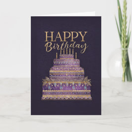 Elegant Purple & Gold Birthday Cake Kort