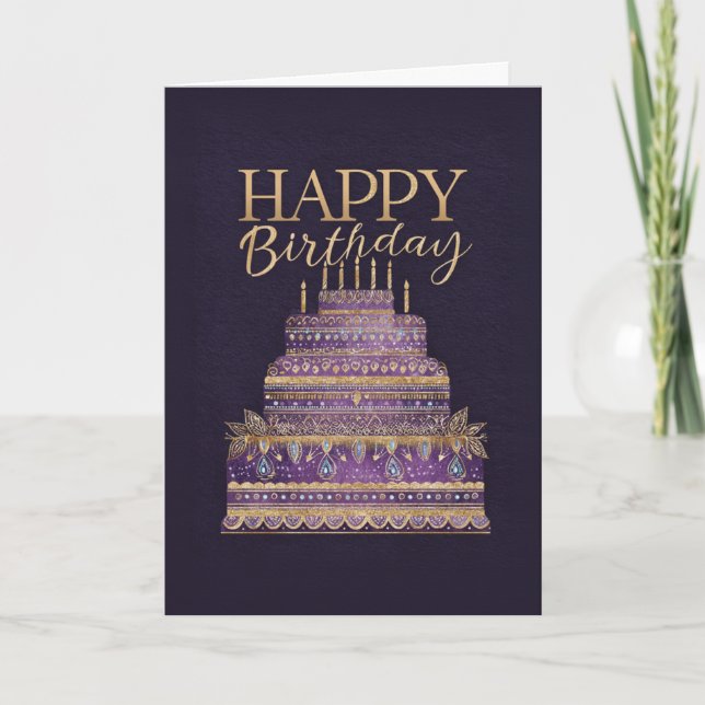 Elegant Purple & Gold Birthday Cake Kort (Framsida)
