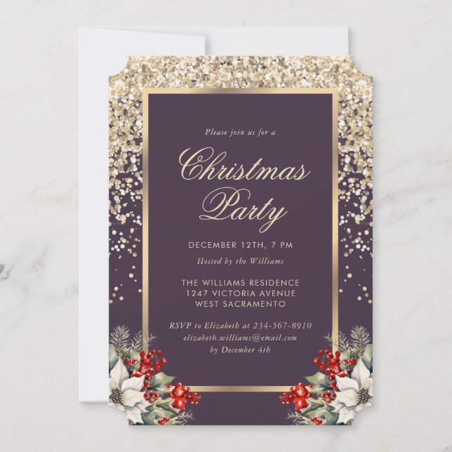 Elegant Purple Gold Botanical Christmas Party Inbjudningar (Framsida)