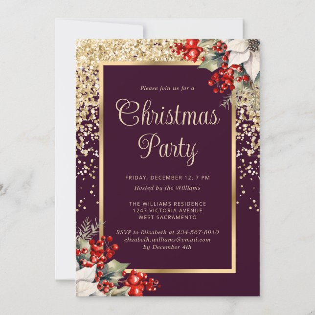 Elegant Purple Gold Botanical Christmas Party Inbjudningar (Framsida)