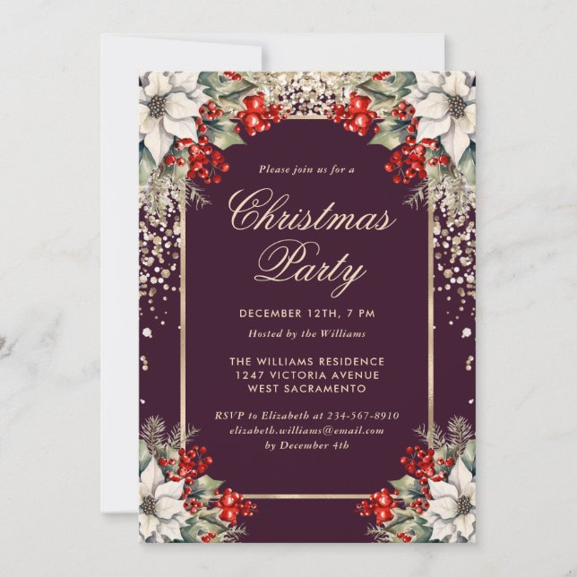 Elegant Purple Gold Botanical Christmas Party Inbjudningar (Framsida)
