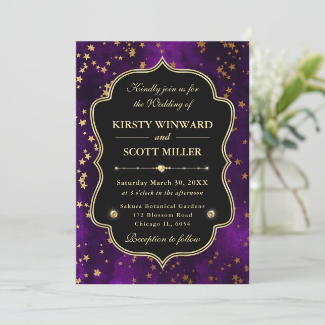 Elegant Purple  & Gold Celestial Starry Wedding Inbjudningar (Stående Fram)