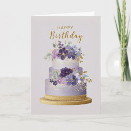 Elegant Purple & Gold Floral Birthday Cake Kort