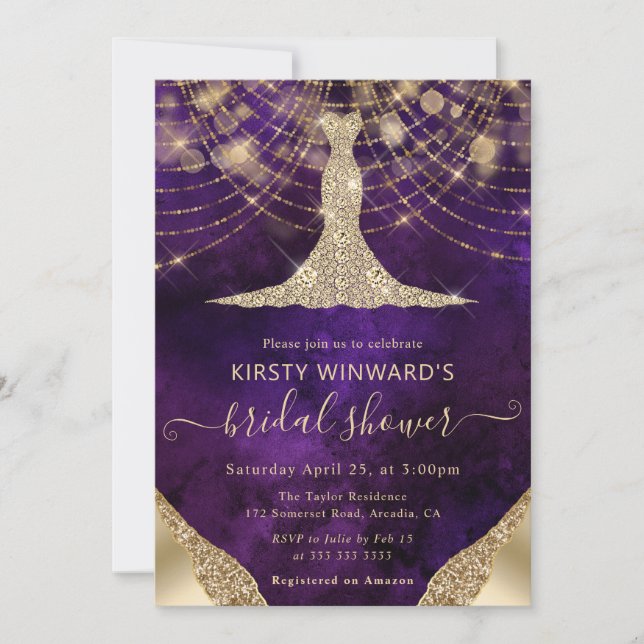 Elegant Purple Gold Gown Bridal Shower Inbjudningar (Framsida)