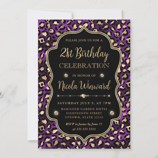 Elegant Purple Gold Leopard Print Birthday Inbjudningar (Framsida)
