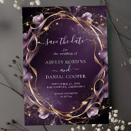 Elegant Purple Golden Floral Frame Save The Date Inbjudningar