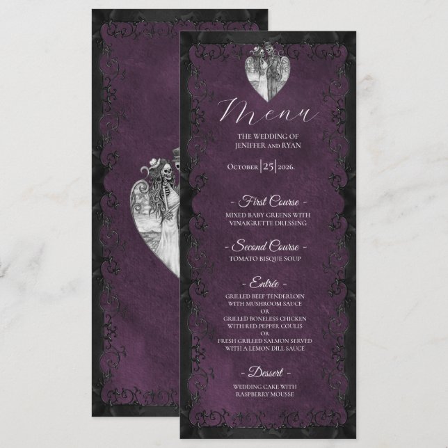 Elegant purple Gothic Wedding Menu Meny (Fram/baksida)