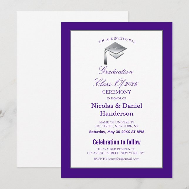 Elegant purple graduation ceremony invitation inbjudningar (Fram/baksida)