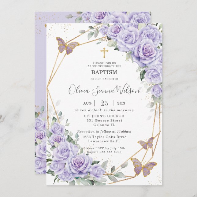 Elegant Purple Lavender Floral Baptism Christening Inbjudningar (Fram/baksida)