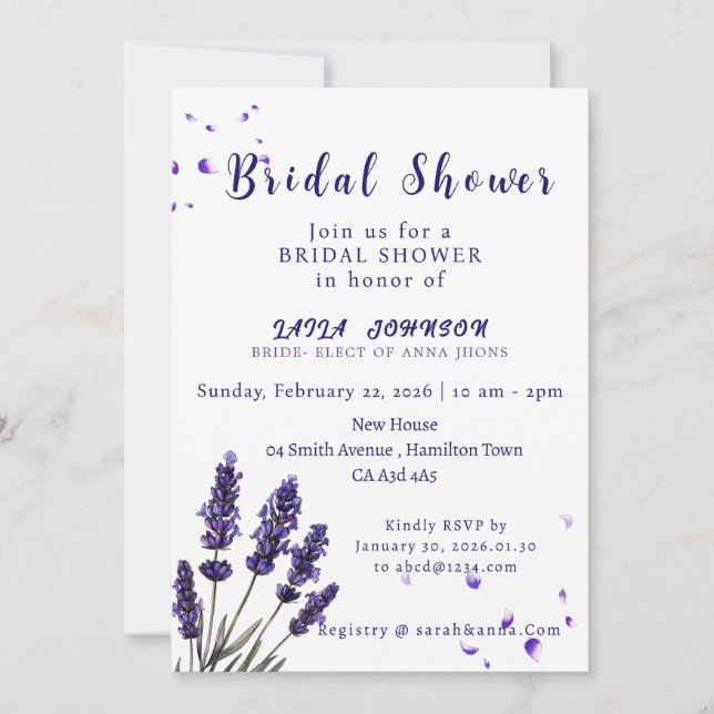 Elegant Purple Lavender Floral Bridal Shower Inbjudningar (Framsida)