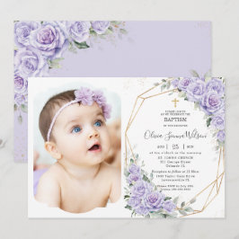 Elegant Purple Lavender Roses Floral Baptism Photo Inbjudningar