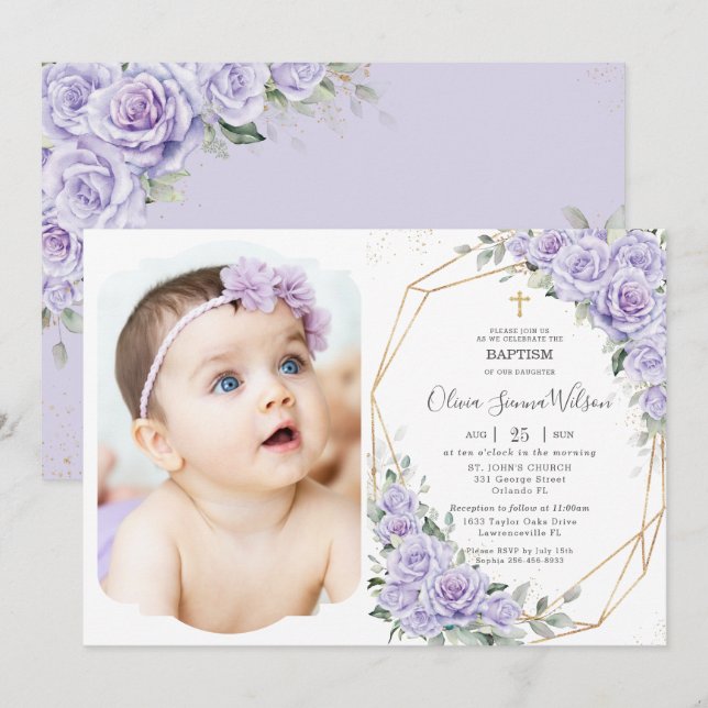 Elegant Purple Lavender Roses Floral Baptism Photo Inbjudningar (Fram/baksida)