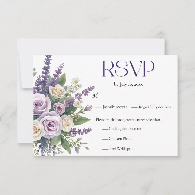 Elegant Purple Lavender Roses Wedding Meal Choice OSA Kort (Framsida)