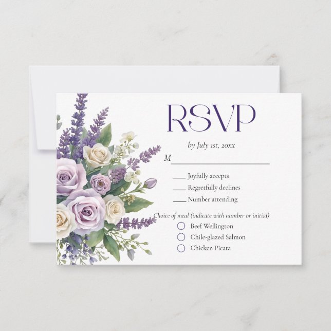 Elegant Purple Lavender Roses Wedding Meal Choice OSA Kort (Framsida)
