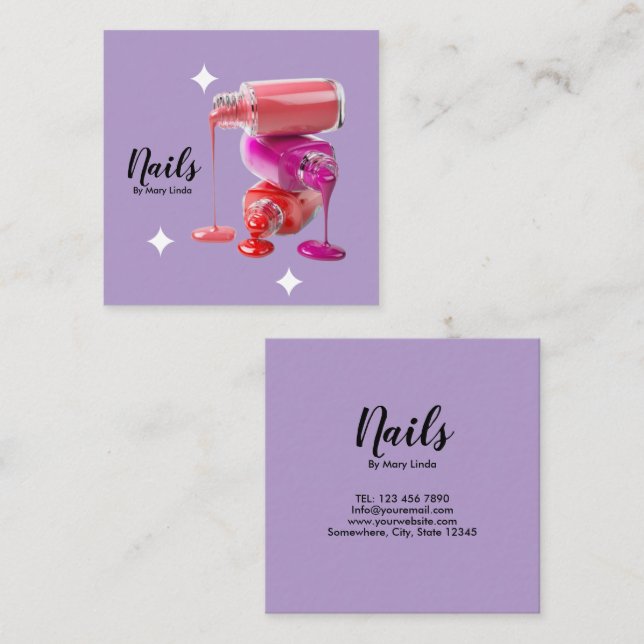 Elegant Purple Nail Technician Fyrkantigt Visitkort (Fram/baksida)