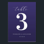 Elegant Purple Number Table Sign Bordsnummer<br><div class="desc">This elegant wedding table card features a minimalist design with a deep purple background and crisp white text. The layout centers around a large, bold serif number "3, " complemented by cursive script for the word "table" at the top and clean sans-serif fonts for customizable names and date below. The...</div>