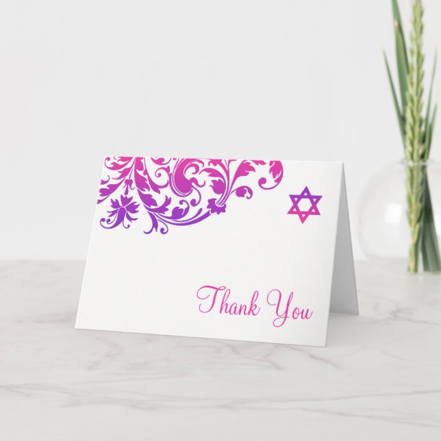 Elegant Purple Pink Flourish Bat Mitzvah Thank You Tack Kort (Framsida)