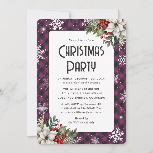Elegant Purple Plaid Botanical Christmas Party Inbjudningar (Framsida)