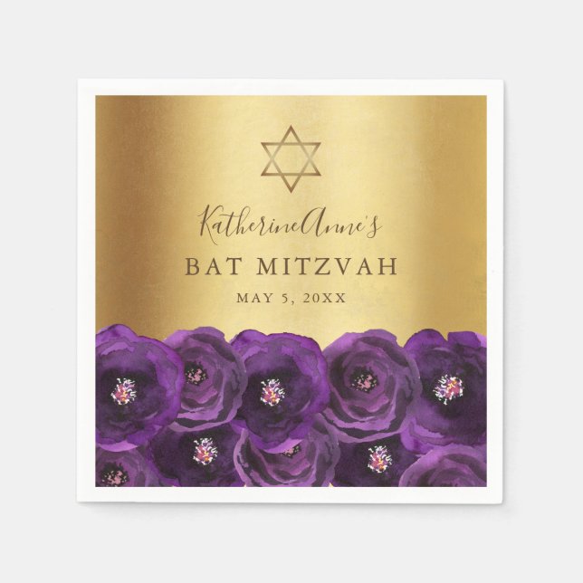 Elegant Purple Rose Floral Gold Bat Mitzvah Pappersservett (Framsidan)