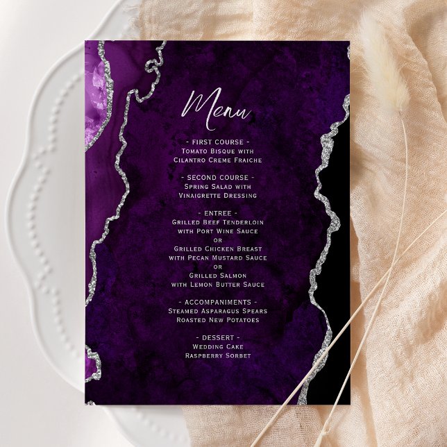 Elegant Purple Silver Agate Wedding Menu Meny (Skapare uppladdad)