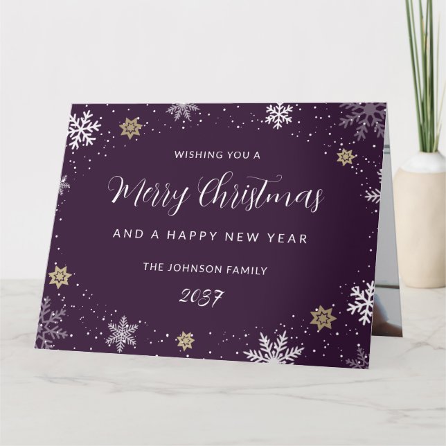Elegant Purple Snowflakes Photo Holiday Card Kort (Framsida)