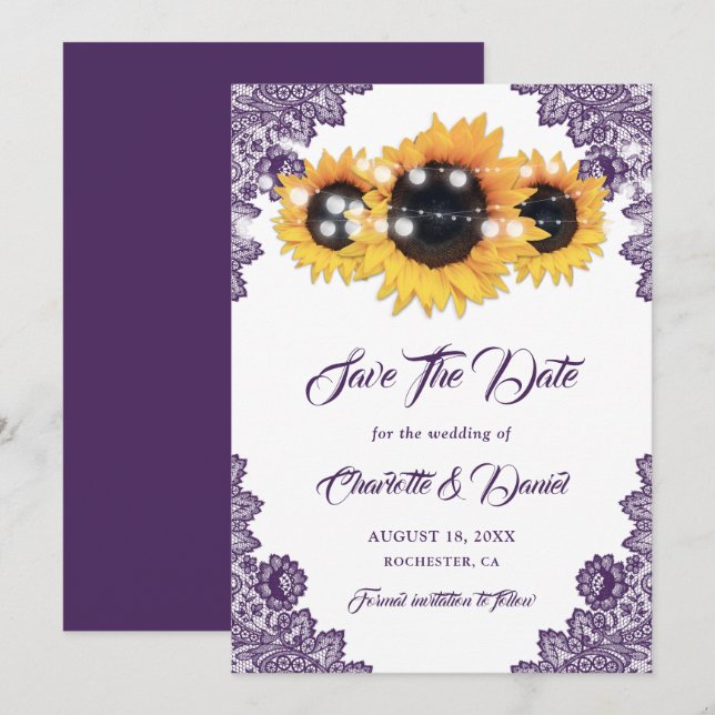Elegant Purple Sunflower Floral Lace Wedding Spara Datumet (Fram/baksida)