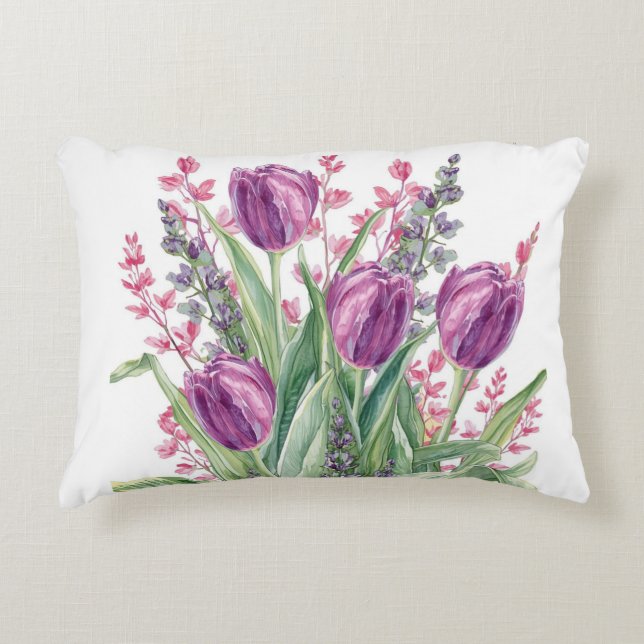 Elegant, Purple Tulip Flowers Pattern  Purple Prydnadskudde (Framsidan)