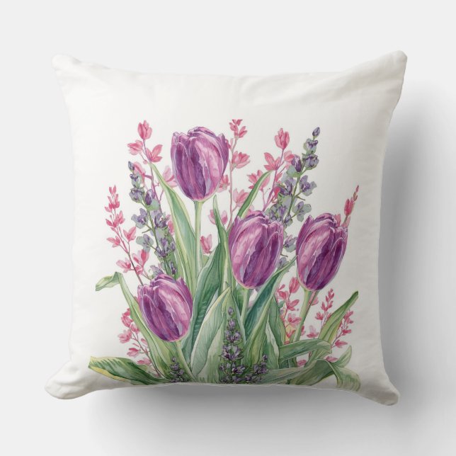Elegant, Purple Tulip Flowers Pattern  Purple Stri Kudde (Framsida)
