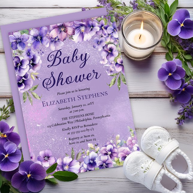 Elegant Purple Violets Floral Baby Shower Inbjudningar (Elegant Boho Purple Violets Lavender Floral Baby Shower Invitation - Print | Digital Download)