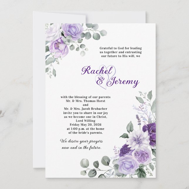 Elegant Purple Watercolor Floral Wedding Inbjudningar (Framsida)