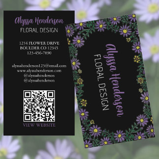 Elegant Purple & Yellow Floral QR Code Florist Visitkort