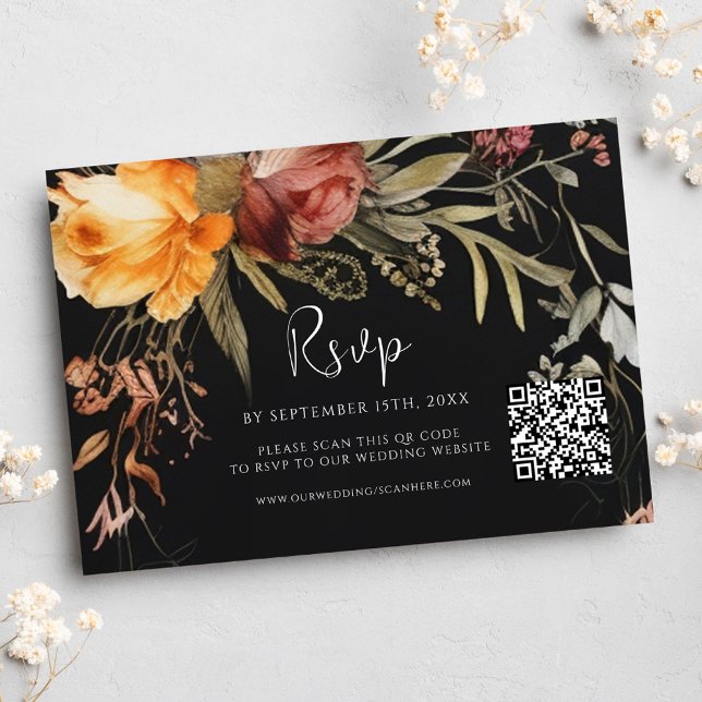 Elegant QR-Blommigt, svart Bröllop OSA Kort (Elegant QR Code Floral Black Wedding RSVP Card)