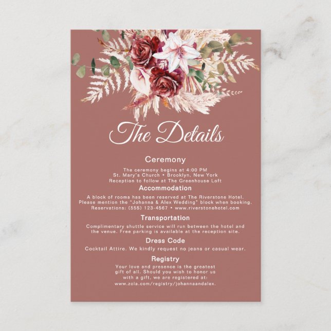 Elegant QR Code Wedding Info Card | Dusty Rosewood Tilläggskort (Framsida)