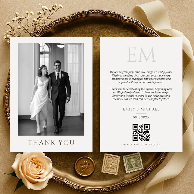 Elegant QR Code Wedding Photo Monogram Thank You Tack Kort (Skapare uppladdad)