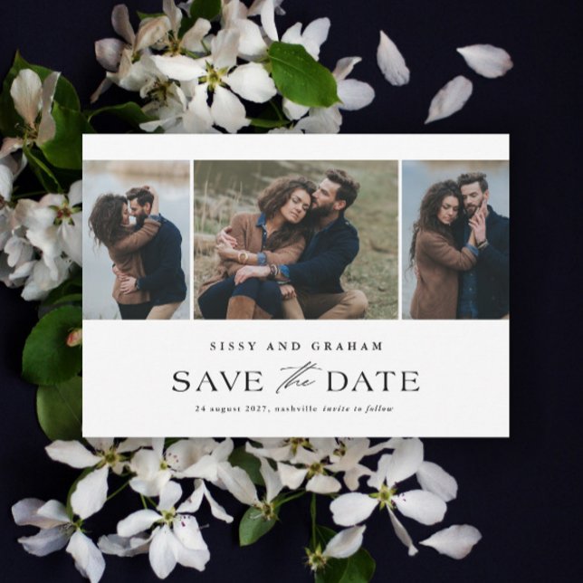 Elegant QR-kod 3 Foto Bröllop Spara Datumet (Elegant QR Code 3 Photo Wedding Save the Date Card.)